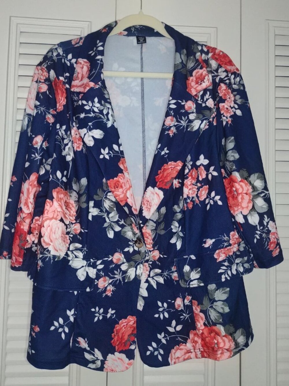 SHEIN Curve Floral Blazer 2XL Navy Blue Pink Roses One Button Shawl Collar